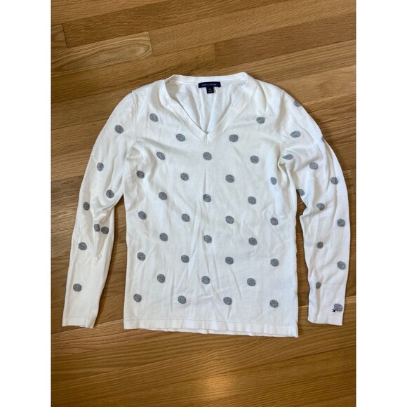 Tommy Hilfiger Womens S/P White Gray Polka Dot Pullover Sweater Cotton Classic - Picture 1 of 10